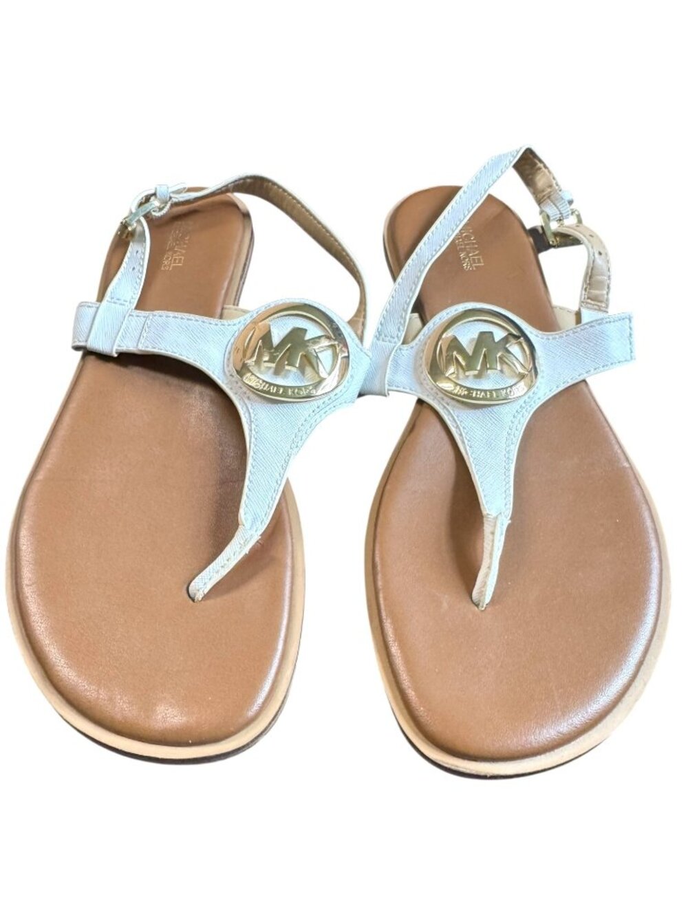 Michael‎ Kors Womens White & Gold Logo T-Strap Sandals Size 10M